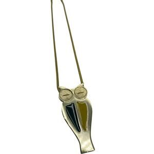 Vintage‎ Gold tone with Green And Yellow enamel Owl Pendant Necklace boho 70s